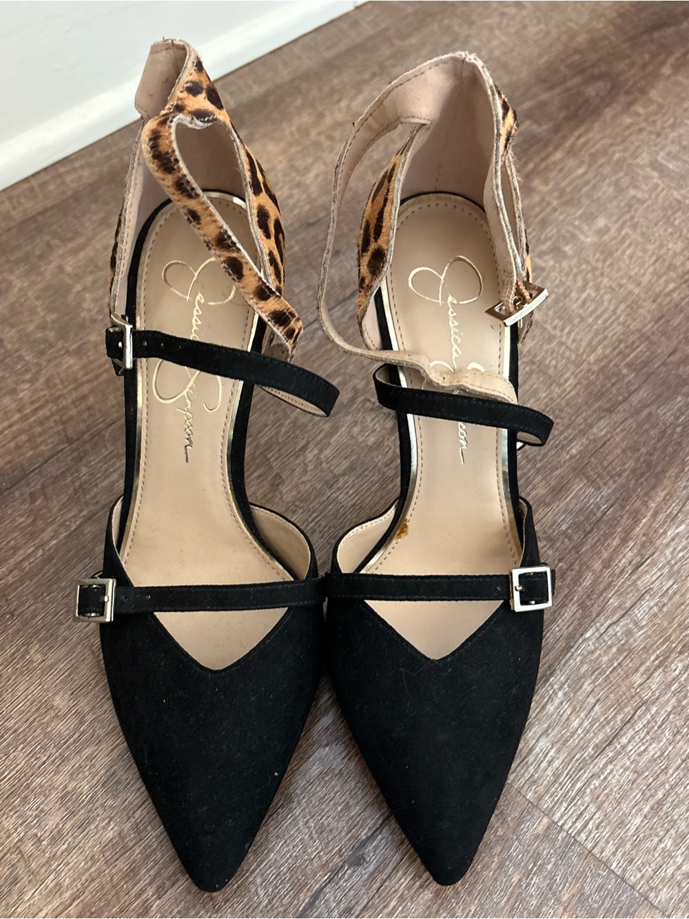 Jessica Simpson Black Pointed-Toe Pumps with Leopard Ankle Straps